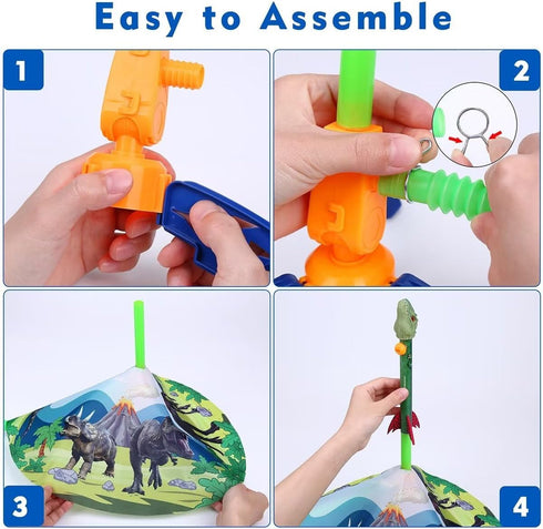 Dinosaur Toy Rocket Launcher for Kids - Launches Up to 100 Ft, 4 Rockets, Outdoor Toys, Birthday Gifts for Ages 3-12