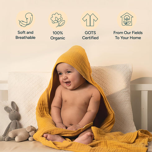 100% 30" 30", Pack 2 Hands-Free Hooded Towel - Organic Premium Muslin Cotton, x Ultra-Absorbent, Soft, Breathable