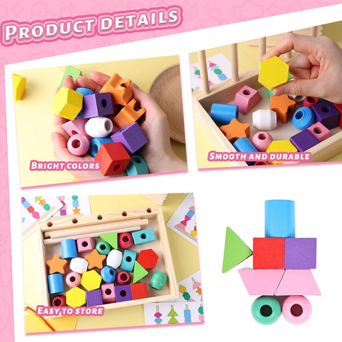LovesTown Beads Sequencing Toy, Montessori Wooden Stacking Toys for Kids, Educational Preschool Learning Gifts for Boys