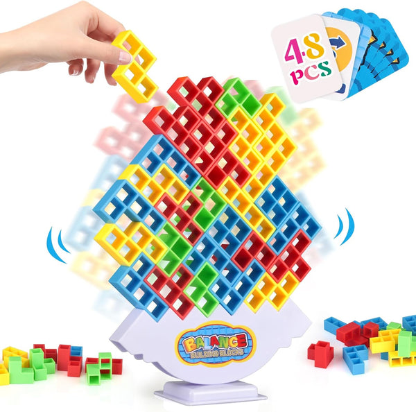 48 Pcs Tetra Tower Game - Stack Attack Family Board Game for 2 Players, Building Blocks for Kids & Adults