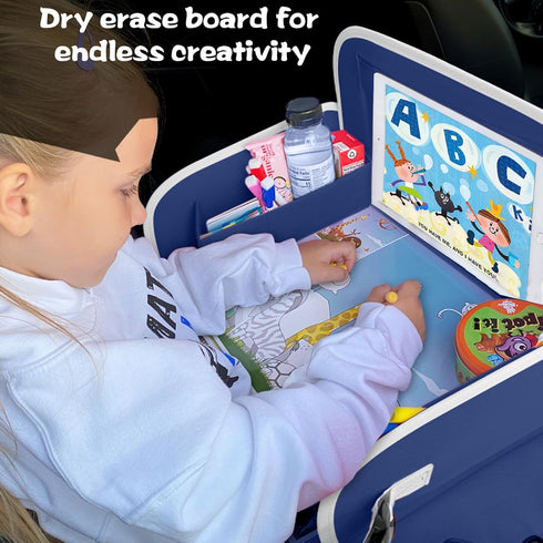 MENZOKE Car Seat Tray for Kids with Educational Drawing Board, Tablet Holder & Cooler Cup Holder, Essential for Car