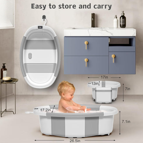 0-36 Himold Collapsible Baby Bathtub for Newborn to Toddler Months, Spacious Foldable Infant Bath Tub with Thermometer