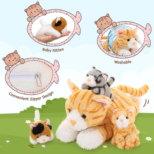 Muiteiur 4 Piece Cats Stuffed Animals - 15.7 inch Mom Plush Cat with 3 Kittens in Zipper Pouch, Cute Gift