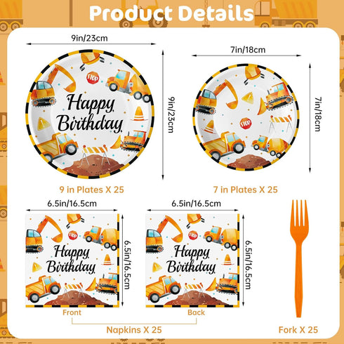100 Set, 25 Pcs Construction Birthday Party Supplies - Construction Themed Plates and Napkins Forks Disposable Dump