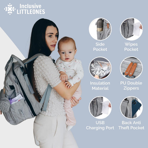 Backpack, Baby Diaper Bag Bonus Changing Pad, Large Capacity, USB Port, Pacifier Case, Mosquito Net & Wipes Bag |