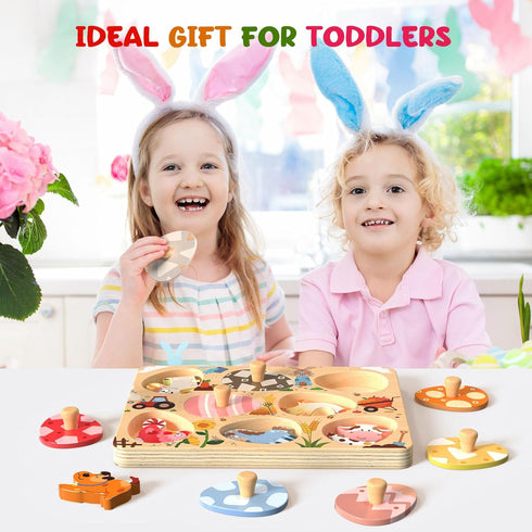 8 Zeoddler Easter Wooden Puzzles for Toddlers, Pcs Farm Animal Matching Egg Puzzle, Montessori Toys for Boy Girl