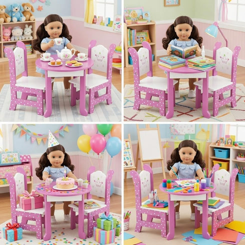18 Inch Set 2 Emily Rose Wish Crown Doll Dining Wooden Table & Chairs for American Girl Dolls | Premium Dollhouse