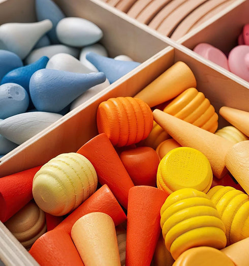 MIKNEKE 162 Wooden Loose Parts Sensory Bin Filler Toys - Mandala Rainbow Stacker Open Ended Educational Toys