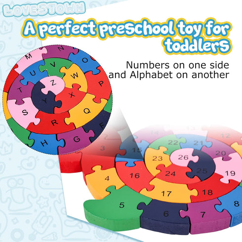 LovesTown Snail Wooden Puzzles - 26PCS Building Blocks Jigsaw Puzzle, Alphabet and Number Blocks for Kids