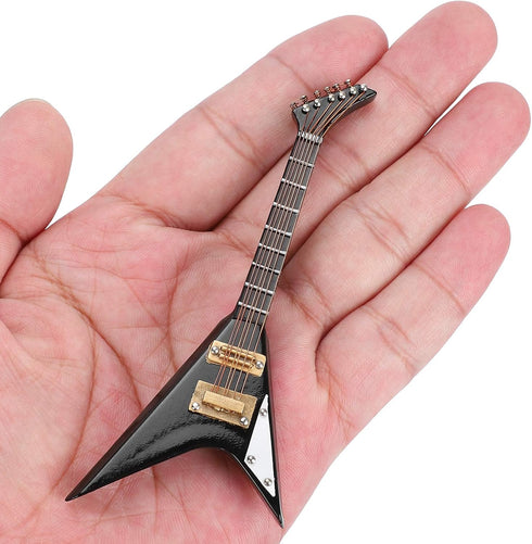 Pssopp Wooden Miniature Electric Guitar, Mini Black Dollhouse Guitar Model with Stand and Case