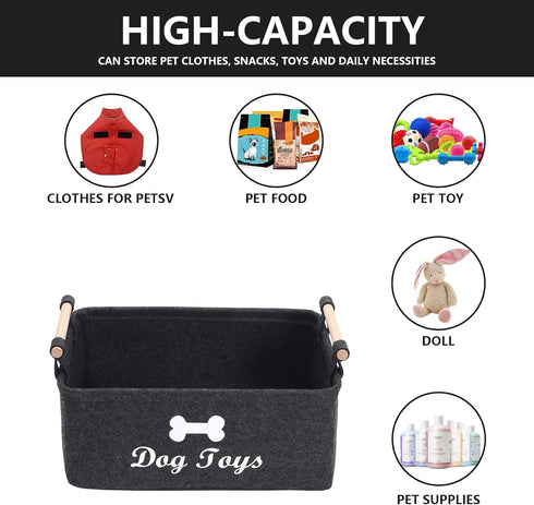 Geyecete Dog Toys Storage Bins with Wooden Handle, Collapsible Pet Supplies Storage Basket (DOG-Dark Grey)