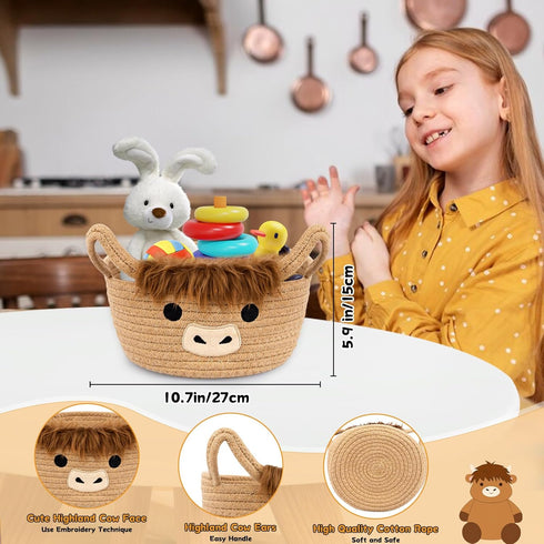 Set 2PCS Pack 2 Small Highland Cow Basket for Nursery, Woven Cotton Rope Storage Cow Basket, Cute Baby Blanket Gift