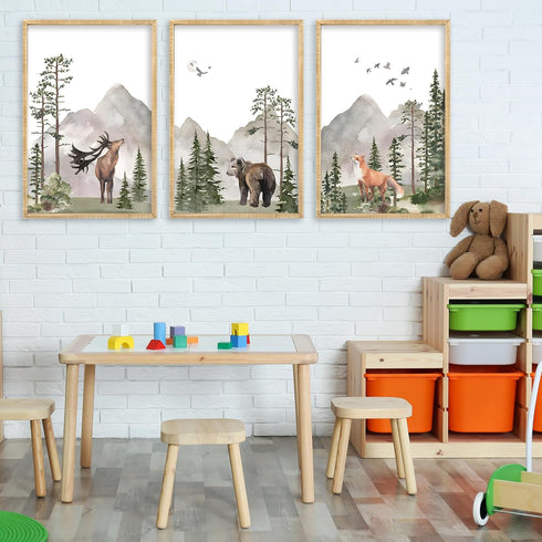 LuZhiQiang Set 3 16x11 Inch Of Wild Woodland Nursery Animals Wall Art Decor Safari Foggy Forest Deer Bear Fox Posters