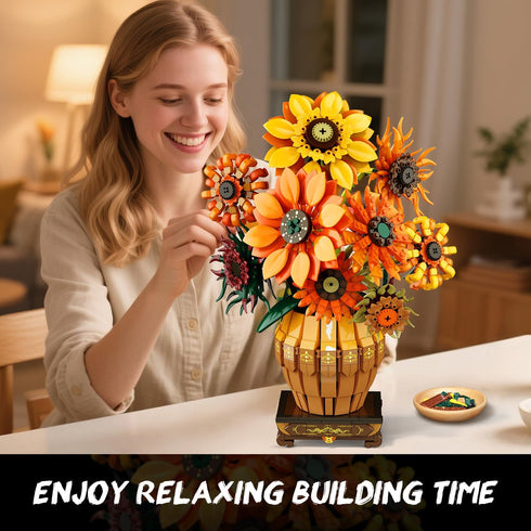 Set 12+, 1180PCS PLAXSOON Sunflower Building with Lights Vase Base, Flowers Botanical Collection Building Block
