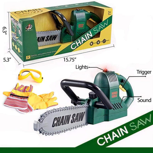 Set Kids Electric Chainsaw Toy Tool Pretend Play with Safety Goggles, Work Gloves | Rotating Chain and Realistic Sound