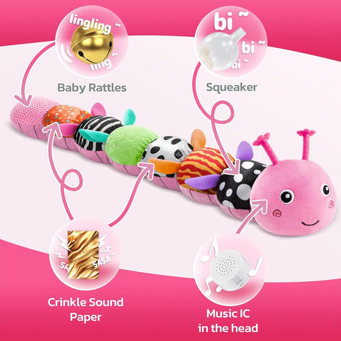 HEMRLY 0-6 Tummy 0-3-6-12 Baby Gifts Toys, Sensory Toy Months, Musical Stuffed Caterpillar Plush with Soft Teether
