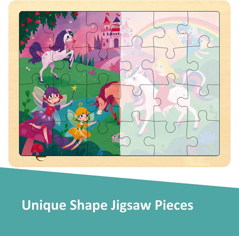 24 Piece Wooden Jigsaw Puzzles for Kids Ages 3-5, Unique Shape Fairy Princess Puzzle for Toddlers with Tray