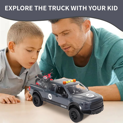 3+ Pickup Truck Toy with Motorcycle, Featuring Lights and Sound Effects,Toy Car with Opening Doors, Toy Cars Gifts