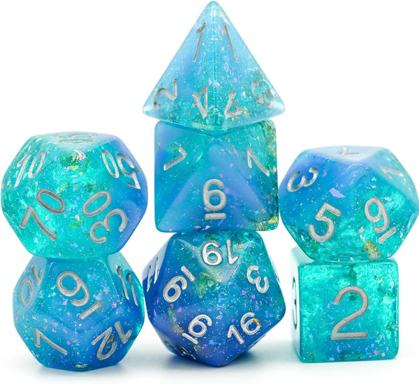7-Die RPG Blue DND Dice Set, Resin D&D Polyhedral Glitter Dice Set for Tabletop Role Playing Game