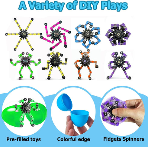 Bailiyake 24 Set Prefilled Easter Eggs with Fingertip Spinner Sensory Toys,Transformable Chain Robot Fidgets Spinners