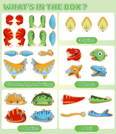 Playset, 3 4 5 6+ Dinosaur Wooden Toys,Snap on Dino Together Building Blocks,Take Apart STEM Montessori Educational