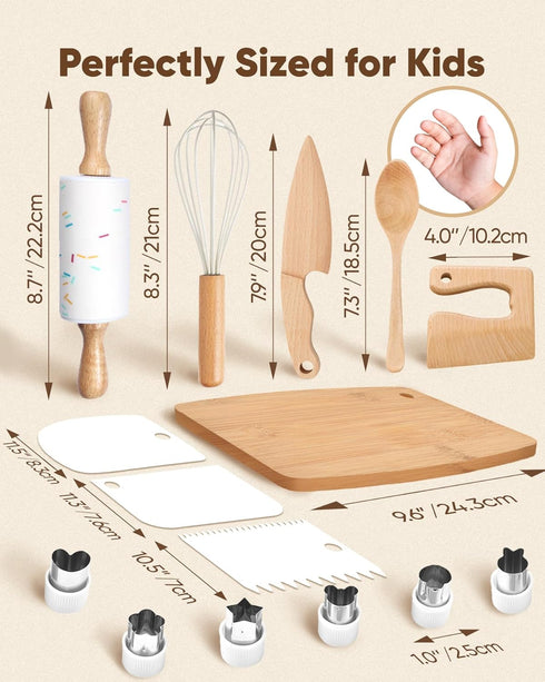 Set Wooden Safe Real Cooking Tool for Kids Toddler Teen Montessori Kitchen Accessories & Utensils for Little Chef