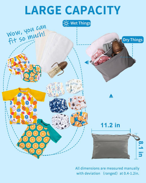 babygoal Wet Dry Bags for Baby Cloth Diapers, Washable Travel Bags with Two Zippered Pockets, 2 Pack Small Size