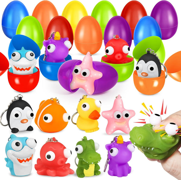 24 Pack Prefilled Easter Eggs with Animal Popping Eyes Toys, Squeeze Toys