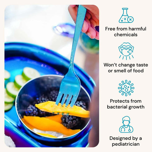Ahimsa Stainless Steel Forks & Spoons, Kids Utensil Set, 100% BPA Free & Dishwasher Safe (Iridescent Blue)