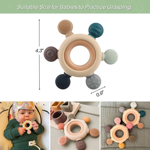 Baby Teething Toys, Silicone Chewable Teethers with Wooden Ring for Soothing Gums, Rudder Chewers Shower Gift for