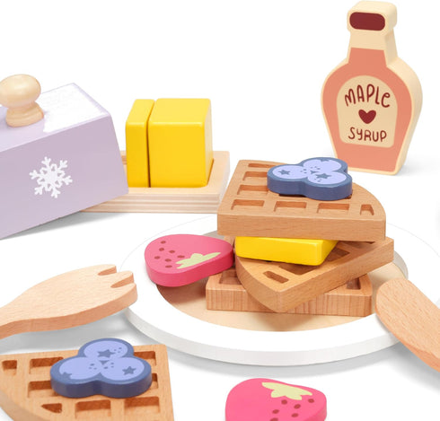 Playset, Playset, Sets 3+ PairPear Wooden Waffle Maker Toy Food Kids Pretend Play Food Kitchen Accessories, Wooden