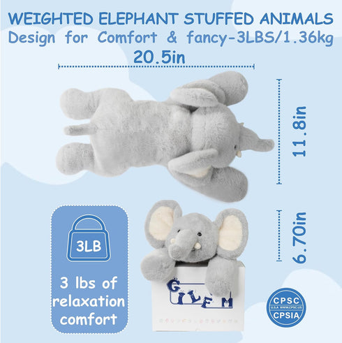 20.5" 3 lbs GILFWM Weighted Stuffed Animals Elephant - Cute Toy Pillow Plushie Gifts for Kids Boys Girls & Adults, Soft