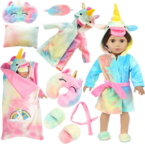 XFEYUE American 18 inch Doll Clothes and Sleeping Bag Set - Rainbow Unicorn