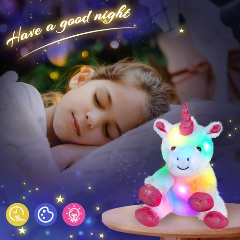 WEWILL 12'' Light Up Unicorn Stuffed Animal, LED Plush Toy, Glow in Dark Bedtime Companion for Kids