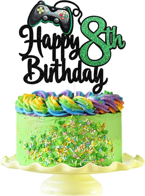 Video Game Boy's 8th Birthday Cake Topper - Happy 8th Birthday Party Supplies - Game On Level Up Winner Decoration