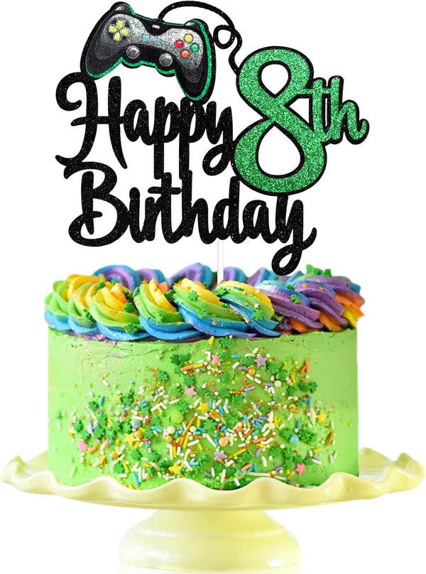 Video Game Boy's 8th Birthday Cake Topper - Happy 8th Birthday Party Supplies - Game On Level Up Winner Decoration