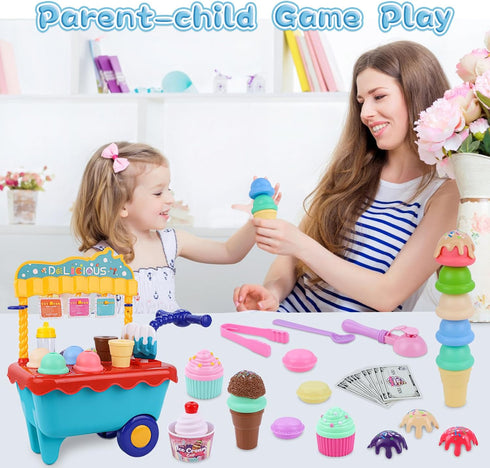 Gifts2U Kids,45 Set,Pretend 3 4 5 6 Ice Cream Cart Toys for Pcs Ice Cream Play Play Store with Storage Trolley,Food