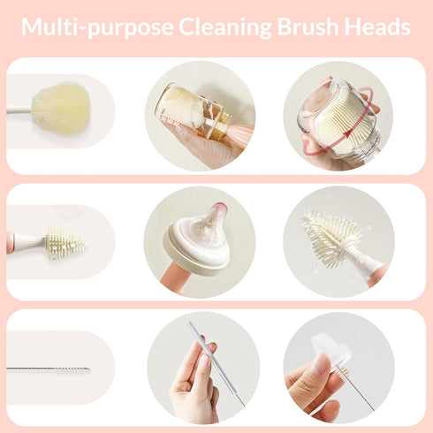 biqin Baby Bottle Brush Kit with Push-Press Bubble and Drying Rack for Bottle Cleaning, Bendable Bottle Cleaner Brush