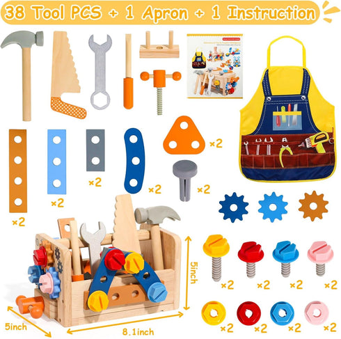 Set 39 2 3 4 3-5 TONZE Kids Tool with Apron, PCS Wooden Toddler Tool Bench Box Montessori Toys for Year Old Boys Girls
