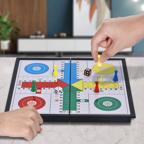 Set 9.84 Inches Magnetic Ludo Board Game with Folding Board Classic Travel Games for Kids and Adults