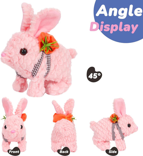Hopearl Hopping Rabbit with LED Ears Carrot Backpack, Interactive Plush Bunny Toy with Sounds, Gift for Toddlers, Pink,