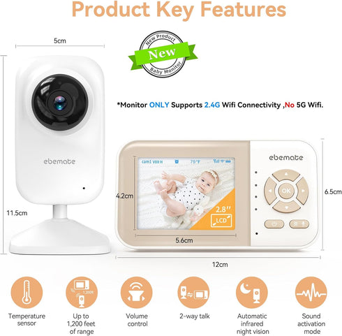 ebemate Video Baby Monitor Camera, 2.8" LCD Screen, No Glow Night Vision, 2-Way Talk, 1200FT Range EBE28