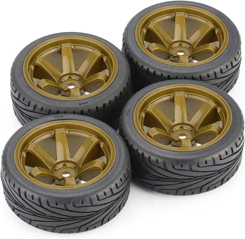 4PCS RC Car Rubber Tires and Plastic Wheels Rims Compatible with 1/10 Scale On Road Touring Racing Flat Drift Car Traxxas HSP HPI Tamiya Sakura (Gold)