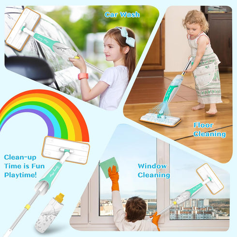 Set Kids Spray Mop Toy Toddler Cleaning with Real Water Sprayer, Microfiber Mop Pads & Scraper Pretend Play Montessori