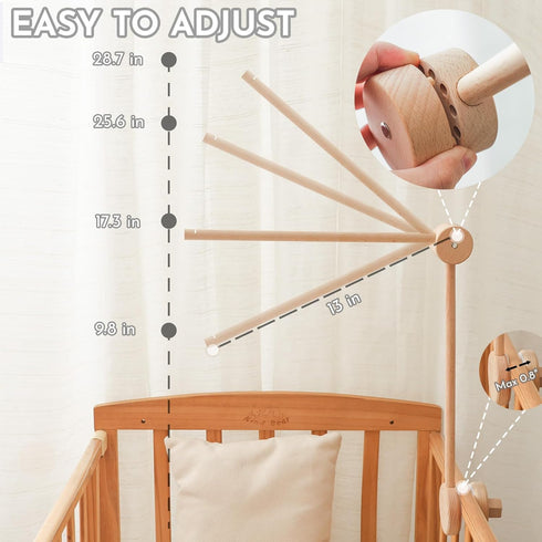 Wonderoo by Wowo 360 Natural Wooden Crib Mobile Arm Foldable & Adjustable Baby Mobile Holder, Smooth Beech Wood Mobile