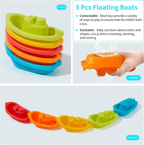 15 Baby Bath Toys for Toddlers, PCS Mold Free Bathtub Water Play Toys with Rainbow Color Floating Boats Spoons