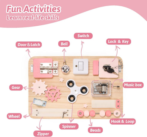 Potatomato Pink Montessori Wooden Busy Board Sensory Toy for Toddlers Educational Activity Board for Kids Fine Motor