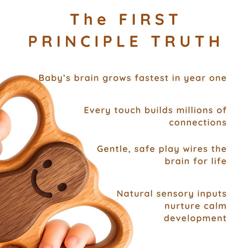 0-12 HippoToys Handcrafted Wooden Baby Rattle | Natural Teething Toy | Montessori Sensory Developmental Toy | Non-Toxic