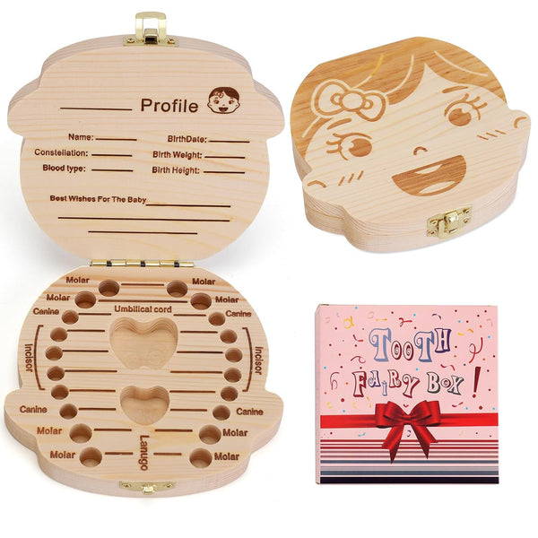 NASHRIO Baby Tooth Box, Wooden Kids Keepsake Organizer Gift for Baby Teeth, Girl