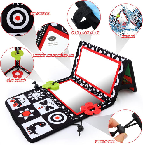 Tummy Time Floor Mirror with Teethers, Double-Sided High Contrast Baby Toys for Crawling Developmental Newborns